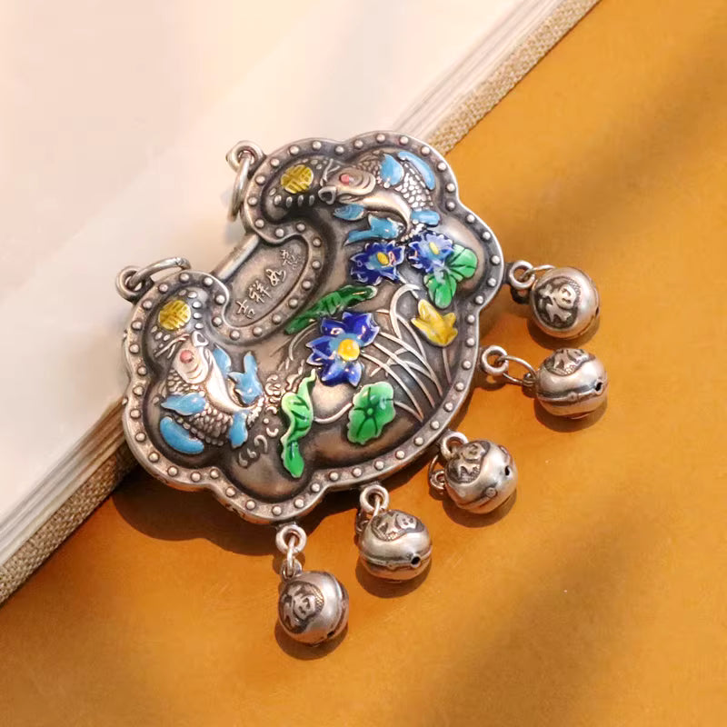 Fish and Lotus Water Play Ruyi Lock Pendant with Tassel – Enamel Lucky Silver Charm | 999 Fine Silver