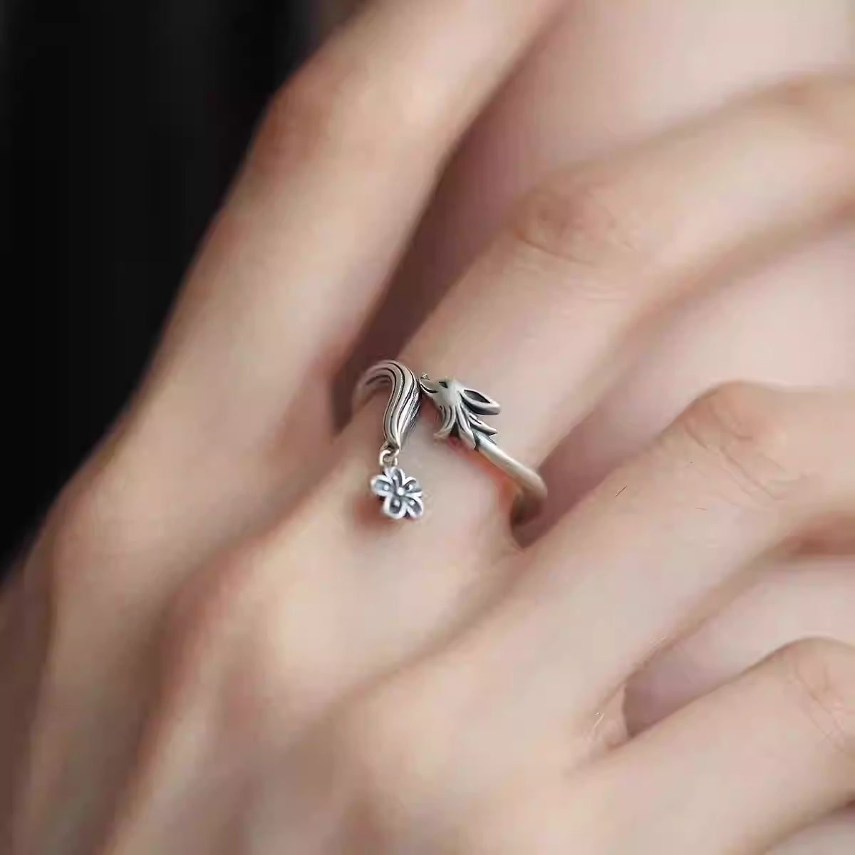 Vintage 925 Silver Adjustable Fox Flower Ring – Chinese Style Cute Ethnic Jewelry for Women