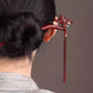 Red Sandalwood Cloisonné Lotus Tassel Hairpin – Double-Sided Feng Shui Bun Pin for Women