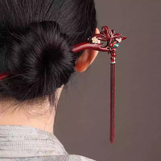 Red Sandalwood Cloisonné Lotus Tassel Hairpin – Double-Sided Feng Shui Bun Pin for Women