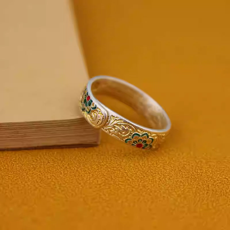 Sterling Silver Adjustable Heart Sutra Ring – Gold Enamel Floral & Scroll Design, Ethnic Style
