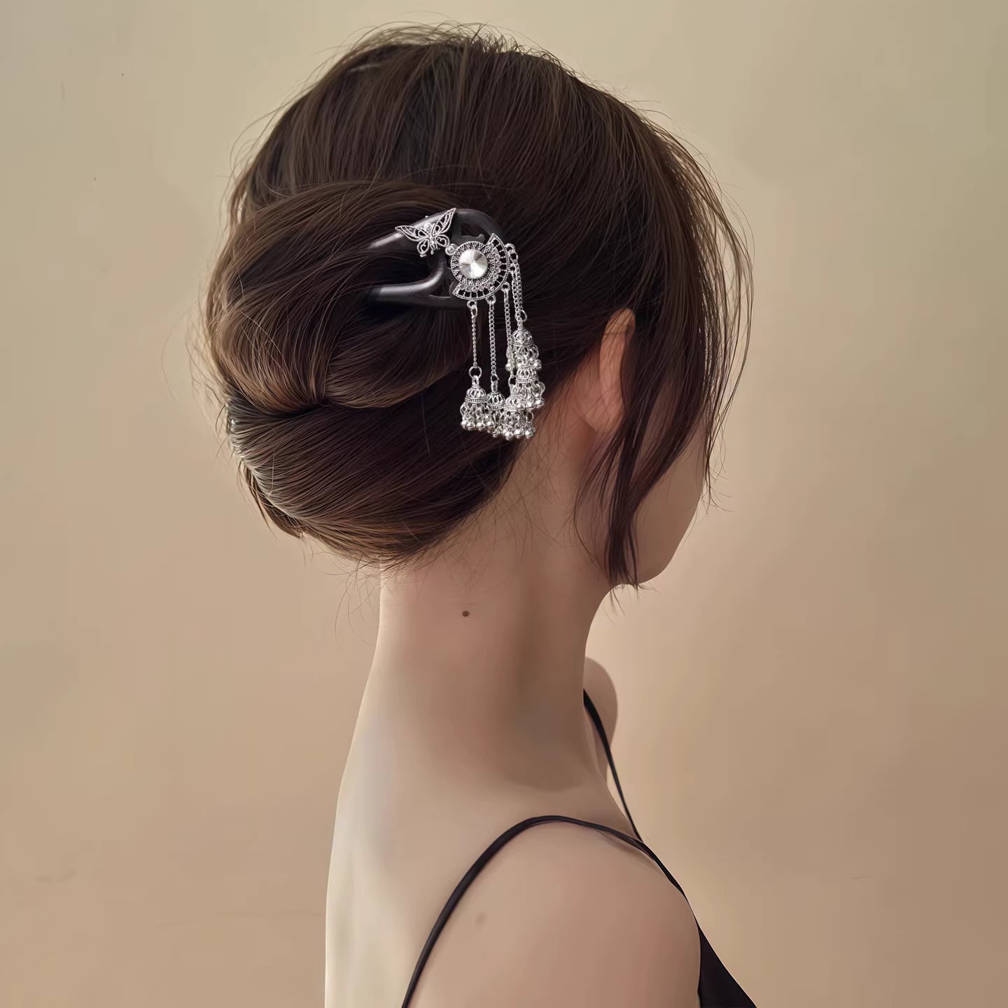 Miao Style Ebony Butterfly Tassel Hairpin – U-Shaped Silver Accent Hair Stick for Women