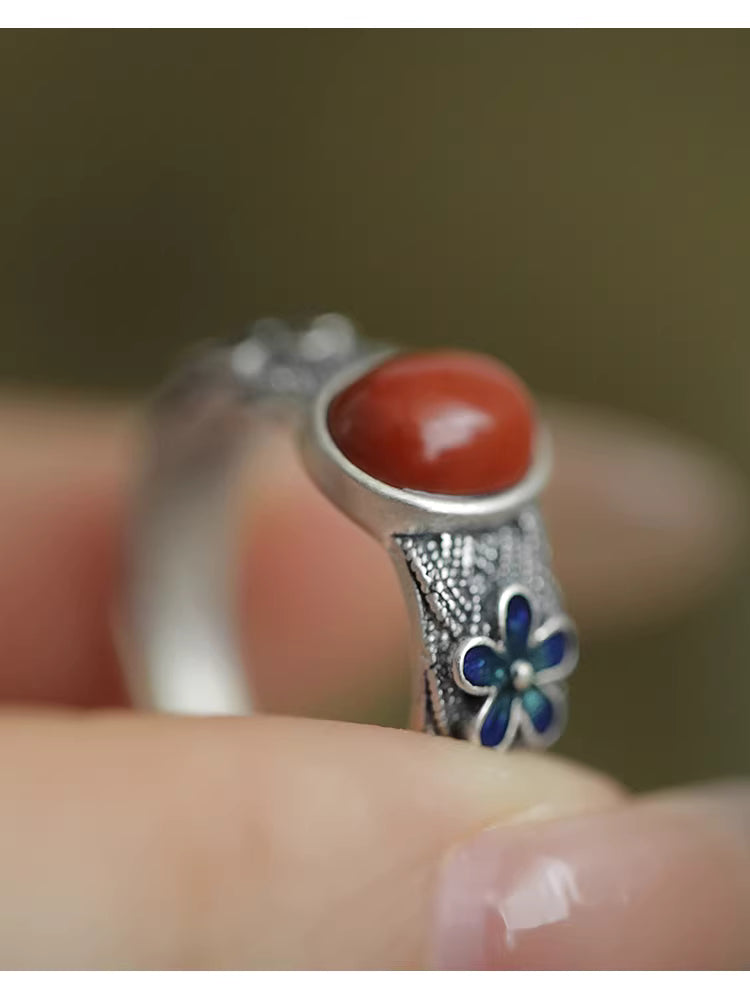 Vintage S925 Silver Nanhong Agate Lovesick Bean Flower Ring – Enamel Floral Ethnic Adjustable Ring for Women