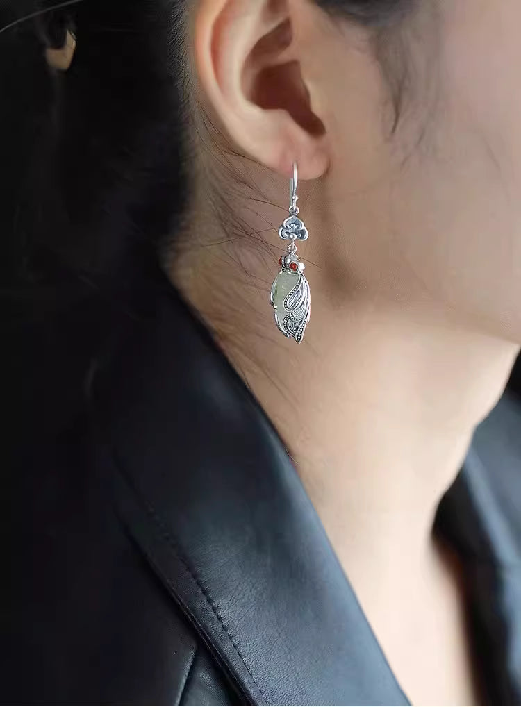925 Silver Cicada Pendant Earrings with Hetian Jade – Hanfu Inspired Chinese Style Dangle Earrings for Women