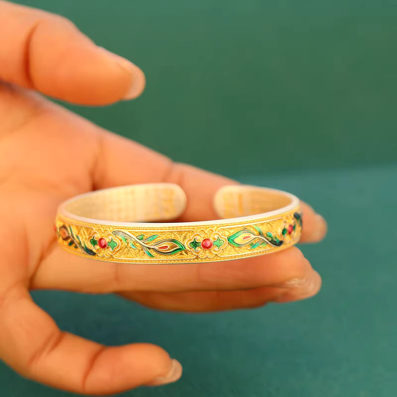 9999 Fine Silver Enamel Phoenix Feather Heart Sutra Bangle – Adjustable Solid Silver Bracelet for Women