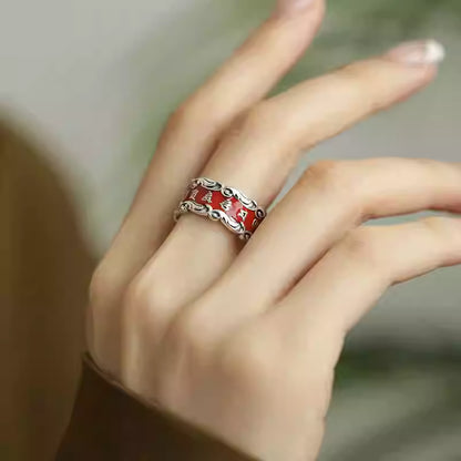 S925 Silber Zinnober Herz-Sutra-Ring – Verstellbarer Sechs-Silben-Mantra-Ring für Damen, 2026 Neuer Vintage-Stil