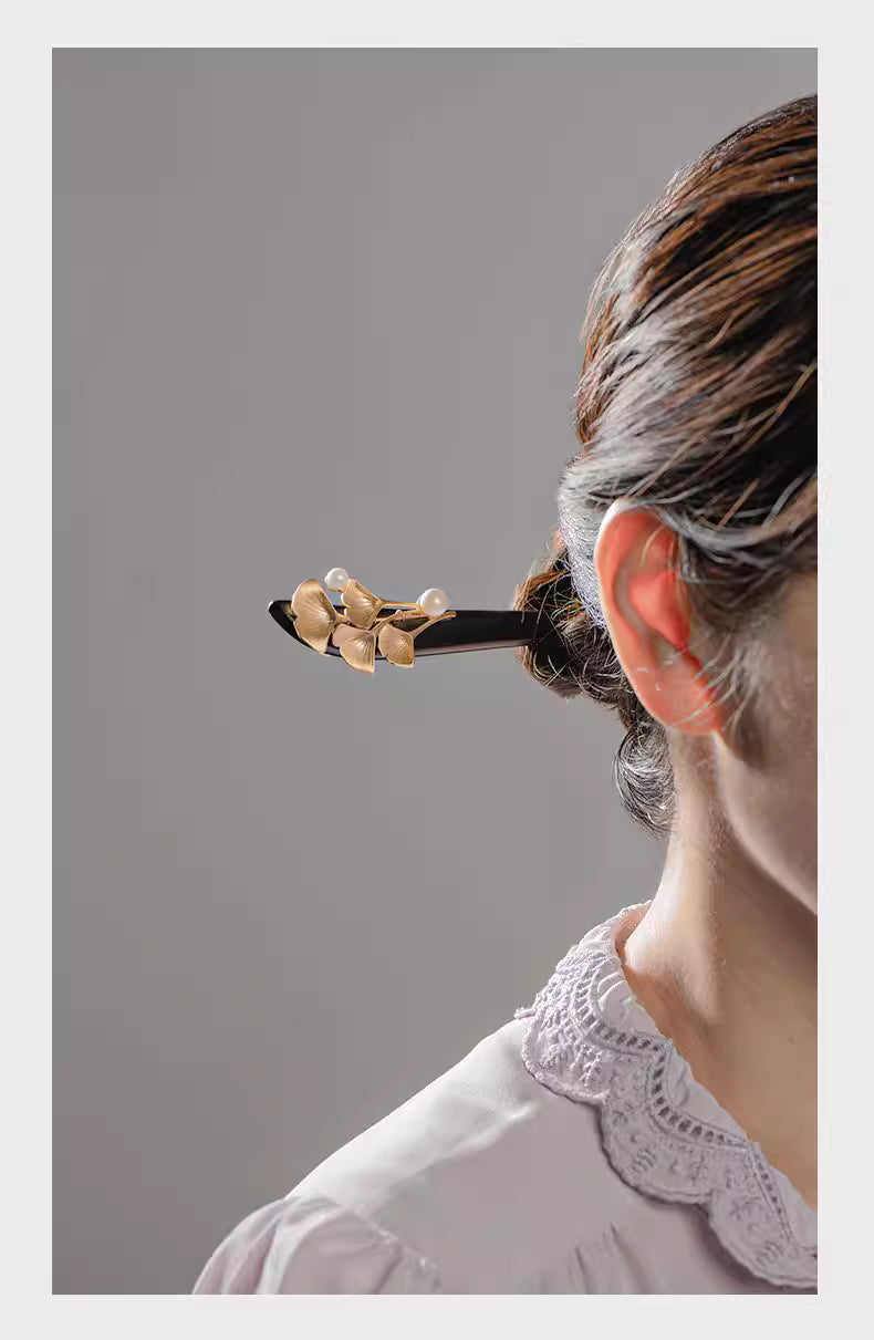 High-End Chinese Hair Accessory – Ebony Wood Ginkgo Flower Hairpin for Updos and Hanfu
