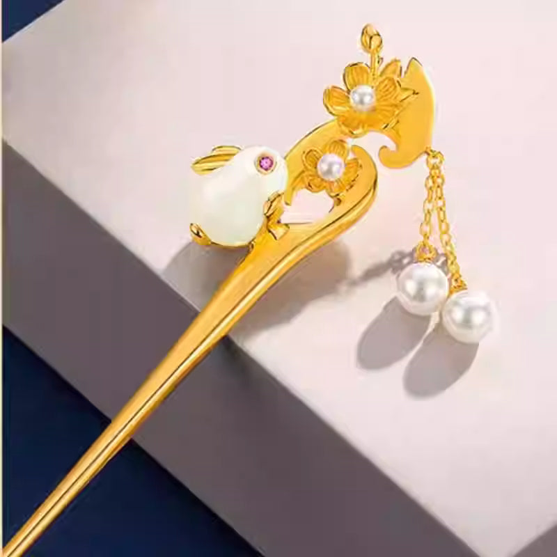 Hetian Jade Rabbit Hairpin with Pearl Tassels – Handmade Cute Hanfu Hair Stick