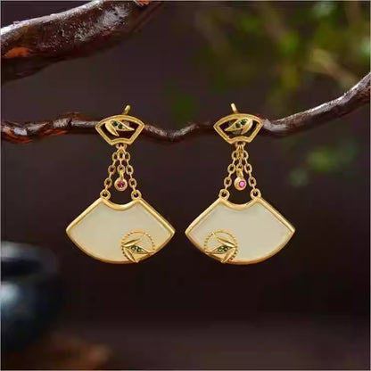 Weißer Jadefächer S925 vergoldet Silber Hetian Jade Bambus Palaststil Chinesische Ohrringe für Damen