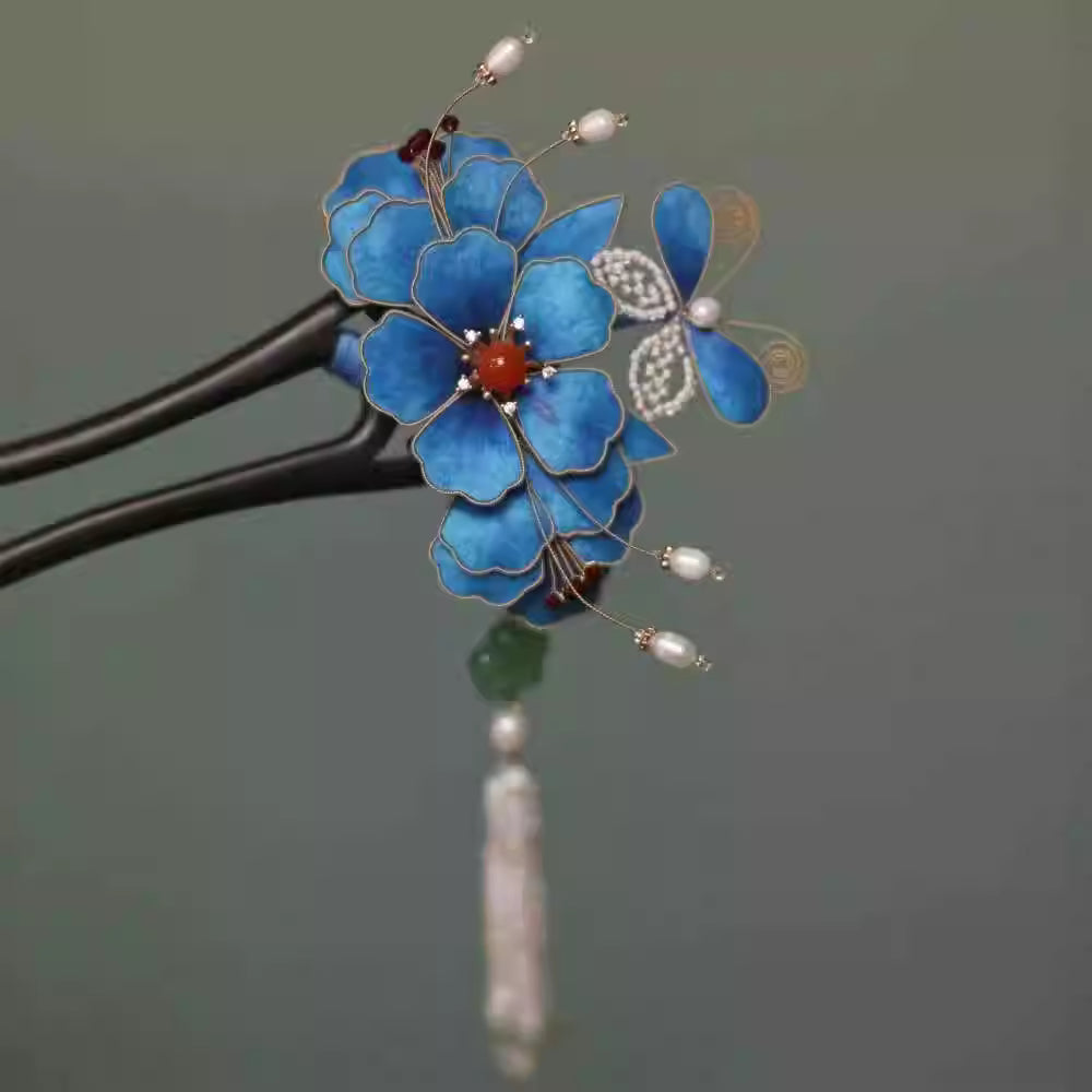 Blue Silk Velvet Peony Tassel Hairpin – Traditional Chinese Non-Heritage Cloisonné & Silk Flower Hair Accessory