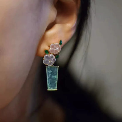 Vintage Sakura Vase Drop Earrings – New Chinese Style Statement Earrings for Women
