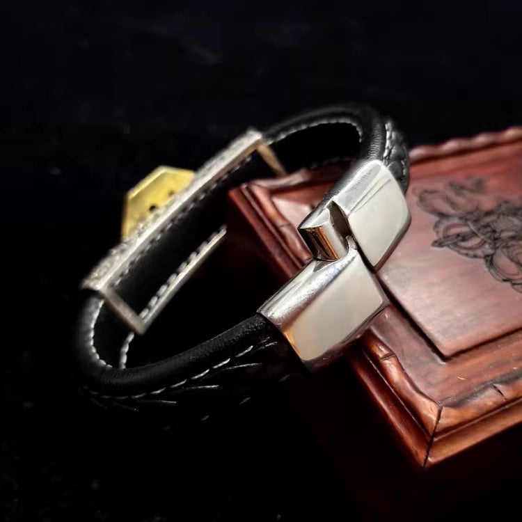 Yang Bagua Leather Bracelet – Rotating Taoist Amulet with Turquoise & Red Agate | Feng Shui Jewelry for Men