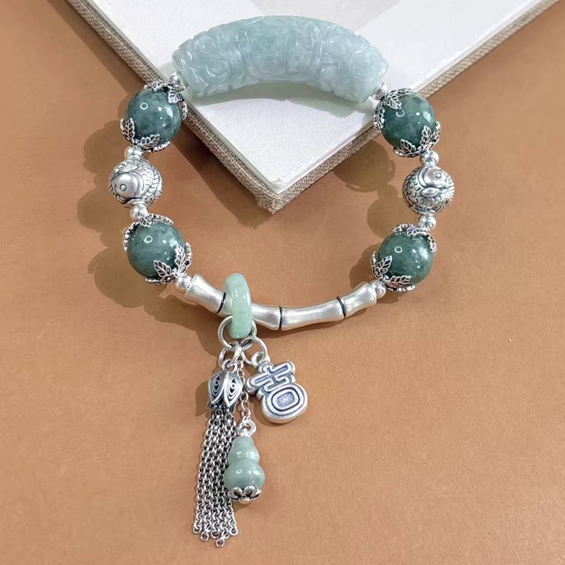 Lucky "Ji" Character Jade Curved Tube Bracelet with Gourd Tassel – Adjustable Feng Shui Design | 999 Sterling Silver