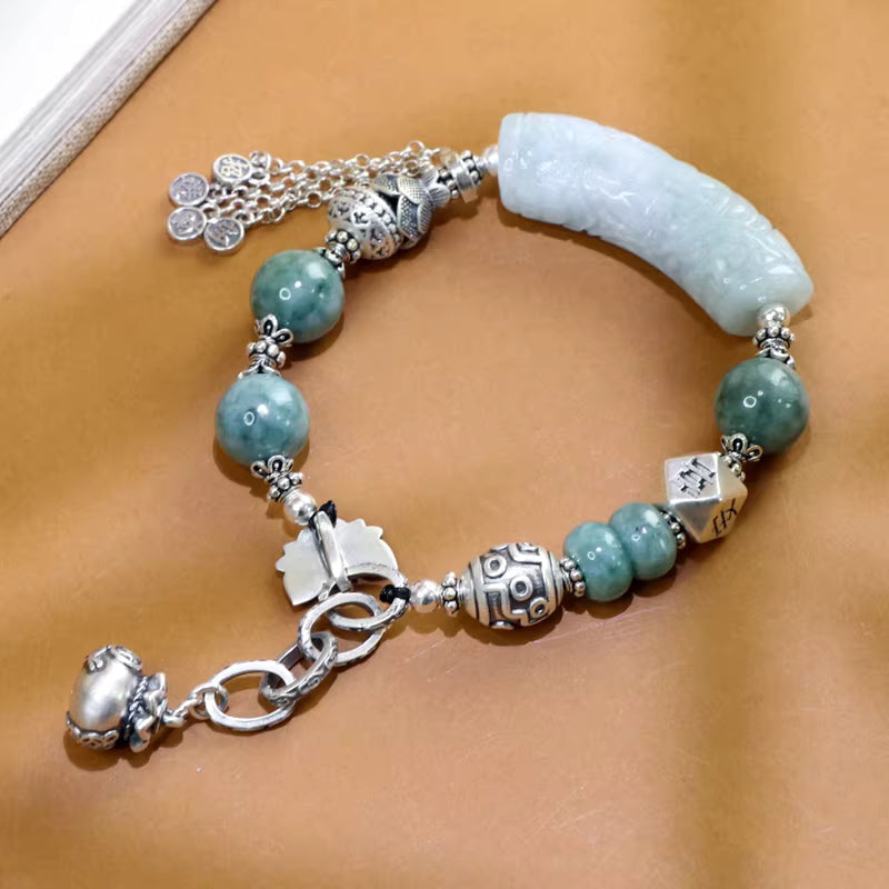 Jade Curved Tube Bracelet with Lucky Pouch and Tassels – Prosperity and Peace Beads