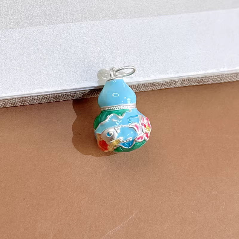 999 Fine Silver Gourd Pendant – Enamel Lotus Pond Moon Design, New Chinese Style Necklace