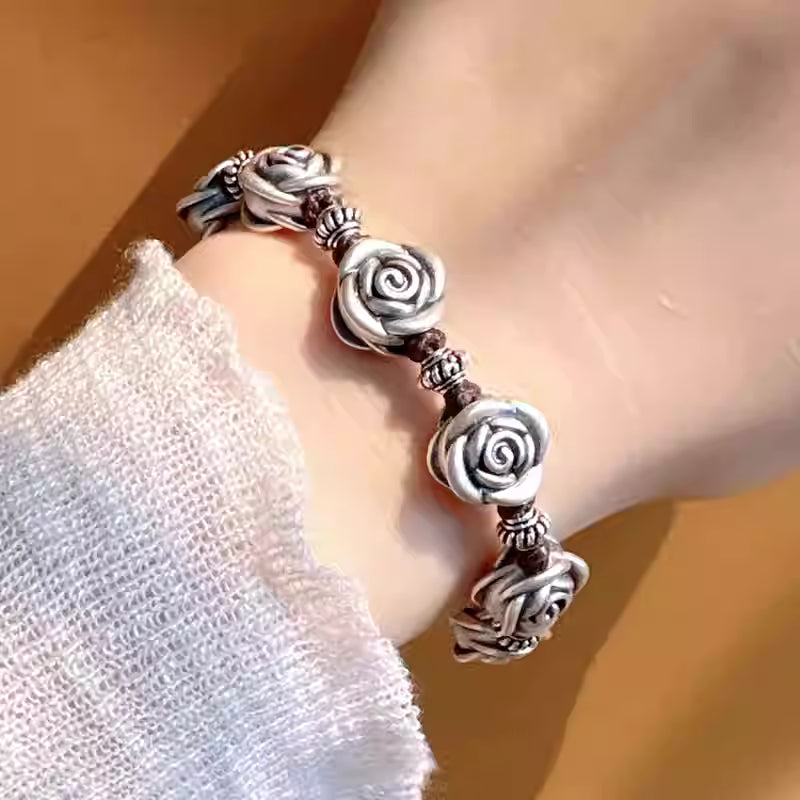 999 Fine Silver 3D Rose Bracelet – Handmade New Chinese Style Adjustable Lucky Bracelet