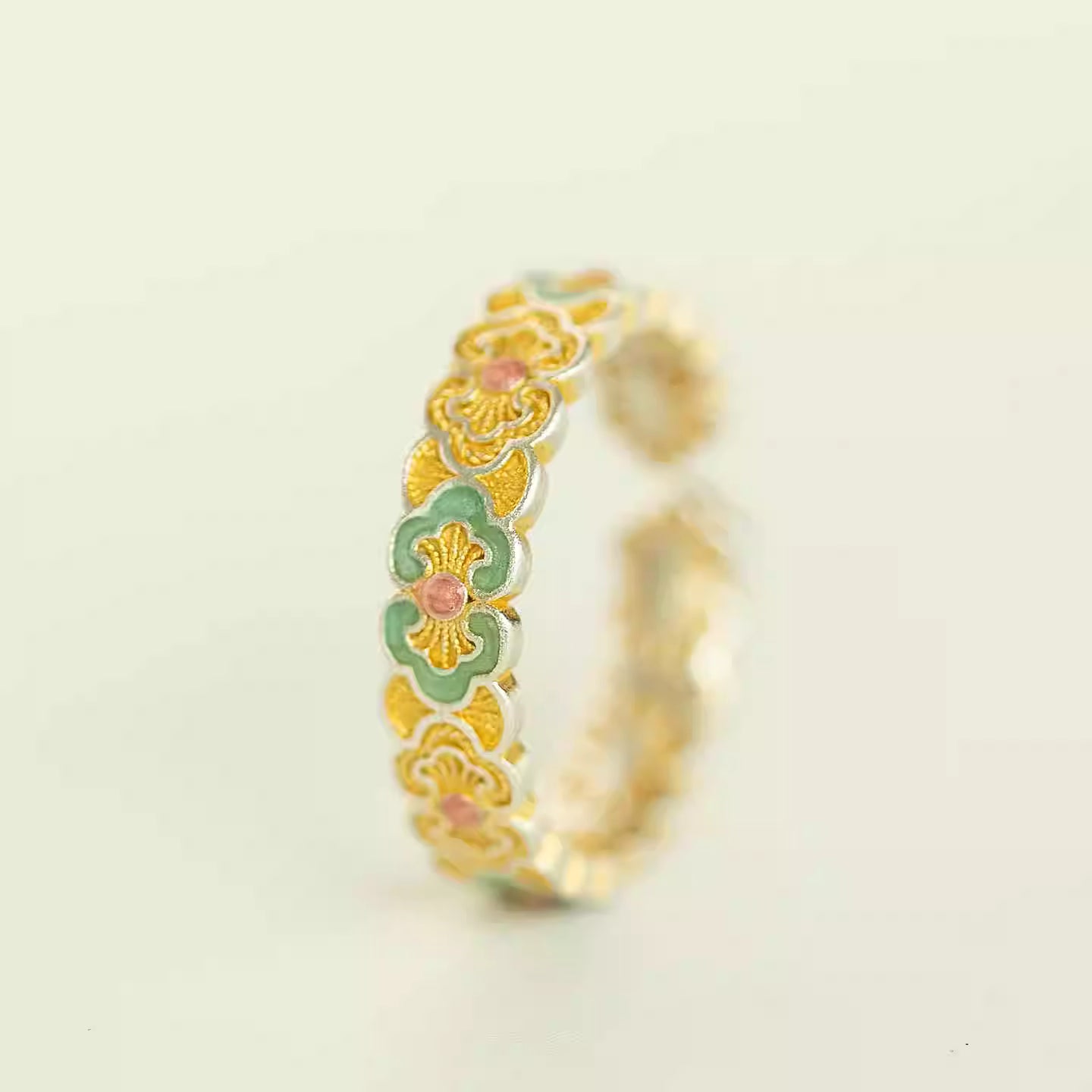 999 Fine Silver Ruyi Cloud & Butterfly Enamel Ring – New Chinese Style Adjustable Silver Ring with Gold Detailing