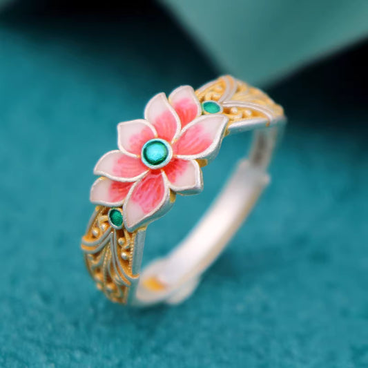 9999 Fine Silver Gold Enamel Lotus Ring – Adjustable Modern Chinese Style Statement Ring for Women