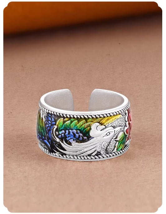 Fine Silver 999 Phoenix & Peony Enamel Open Ring – Hand-Engraved Chinese Auspicious Jewelry