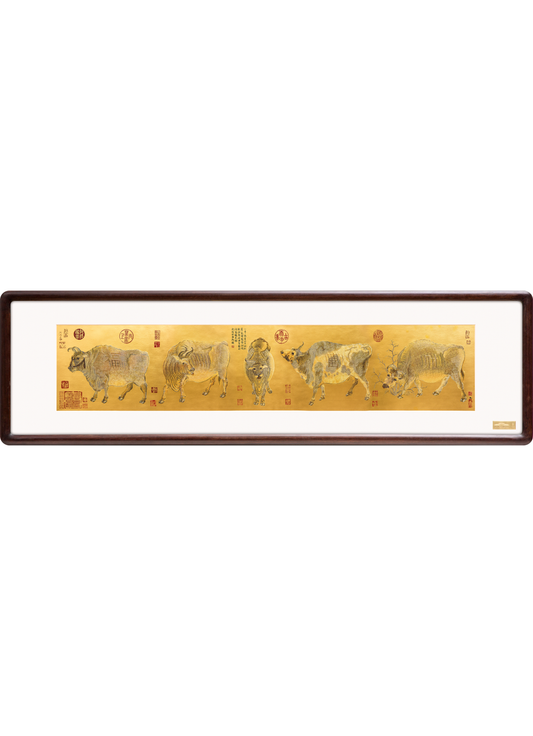 Five Oxen  Handcrafted Metal Wall Art | Traditional Chinese Repoussé Chasing Luxury Frame