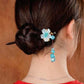 Blue Flower 6 Blue Beads Tassel Hairpin-Wood