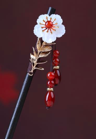 Shell Flower 7 Red Agate Tassel Hairpin - Wood