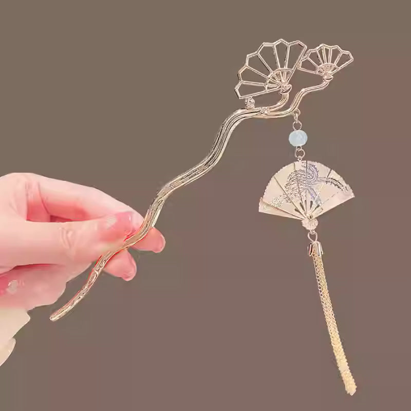 Foldable Fan Tassel Hair Pin for Women – New Chinese Style Gold Alloy Hair Stick | Elegant Classical Hair Accessory