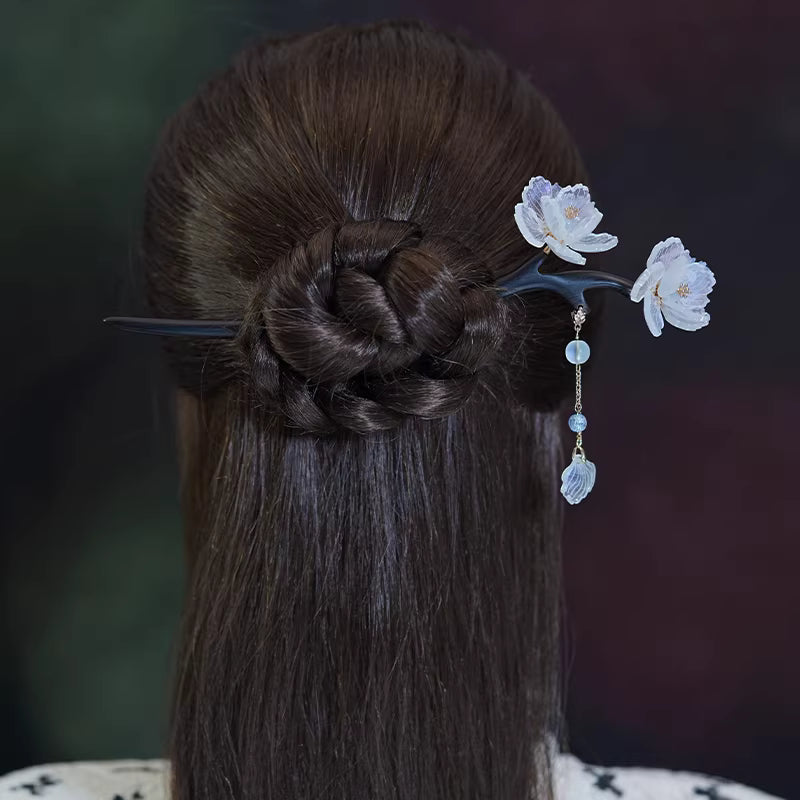Frosted Ebony Tassel Hairpin with Acetate Petals & Glass Beads – Hanfu & Cheongsam Hair Accessory