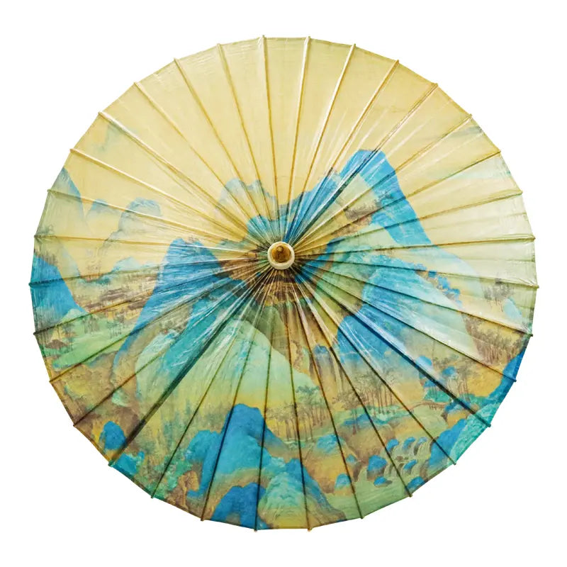 Handmade Oil Paper Umbrella – “A Thousand Miles of Rivers and Mountains” Design | Intangible Cultural Heritage | Thickened Bamboo Hanfu Parasol