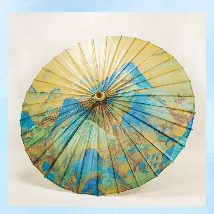 Handmade Oil Paper Umbrella – “A Thousand Miles of Rivers and Mountains” Design | Intangible Cultural Heritage | Thickened Bamboo Hanfu Parasol