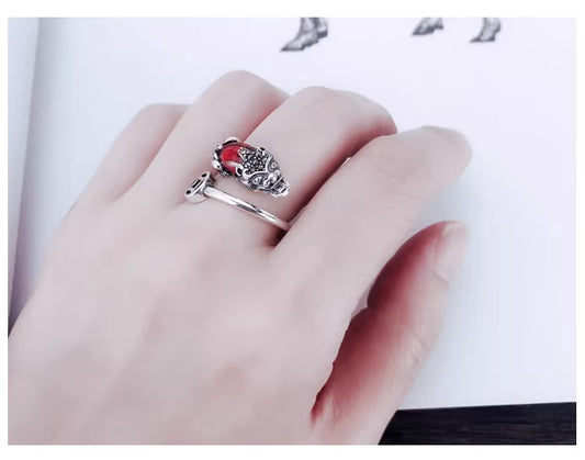 925 Sterling Silver Garnet Pi Xiu Ring –  Lucky Coin Feng Shui Jewelry for Women and Men