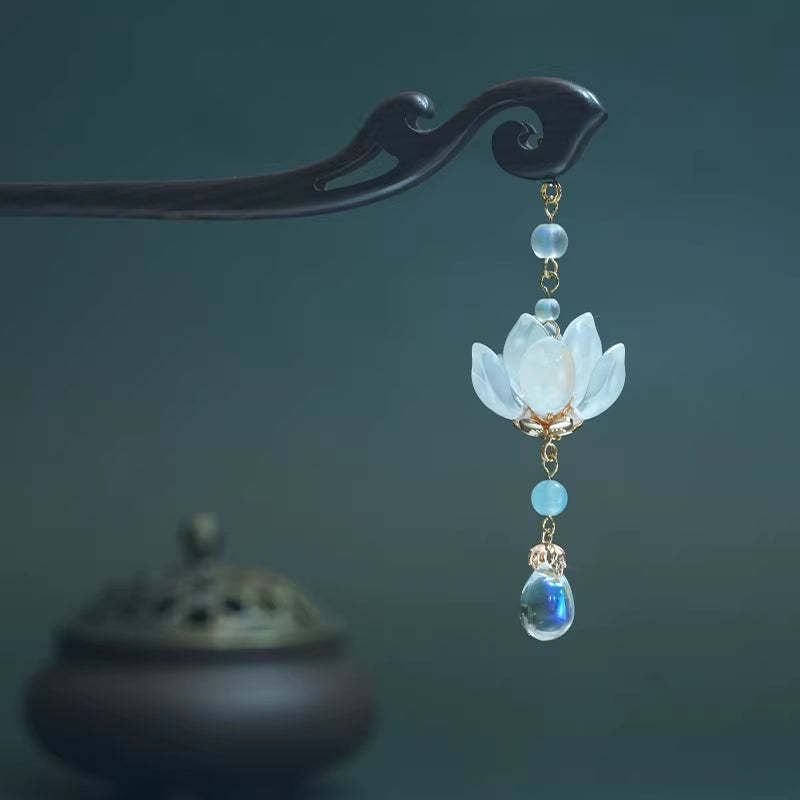 Glass Lotus Tassel Ebony Hairpin – Hanfu, Qipao &amp; Chinese Style Hair Accessory, 18cm, White/Pink/Blue Lotus