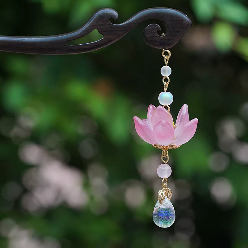 Glass Lotus Tassel Ebony Hairpin – Hanfu, Qipao &amp; Chinese Style Hair Accessory, 18cm, White/Pink/Blue Lotus