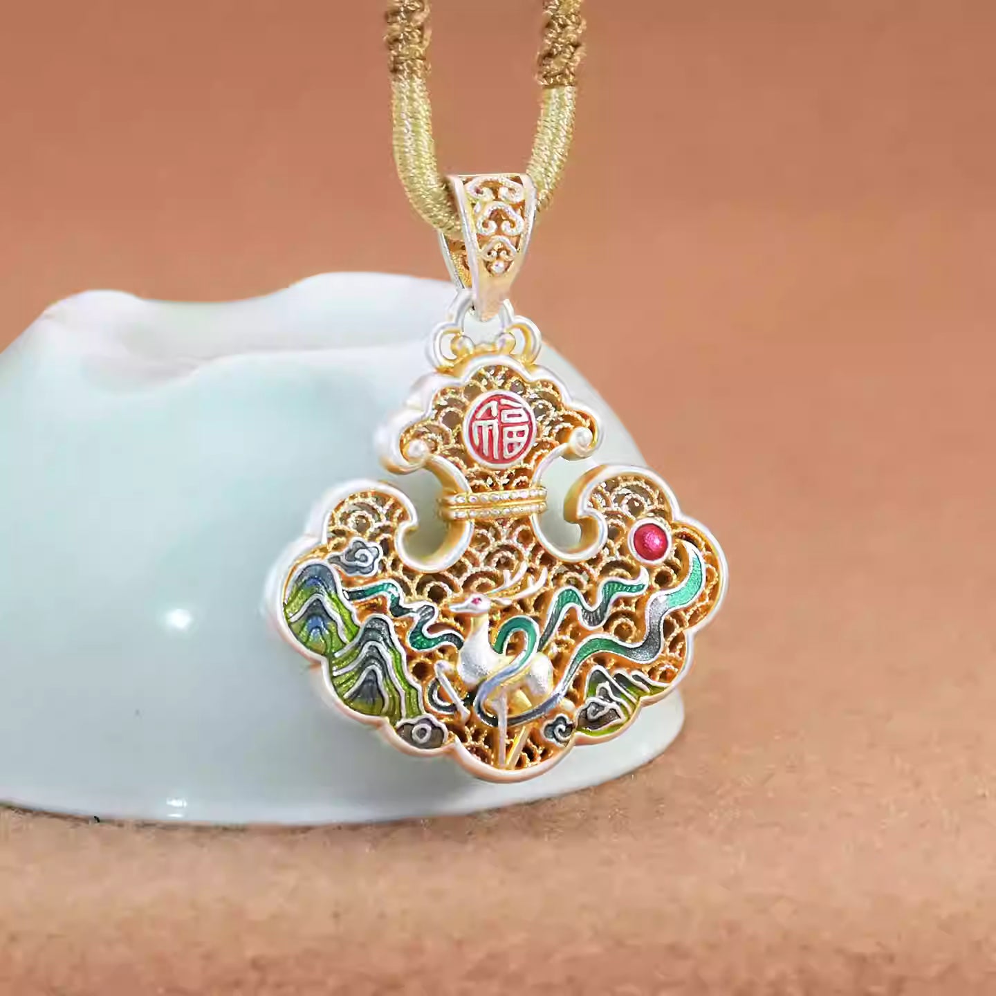 "Yi Lu You Ni" 999 Silver Deer Pendant – Gold-Accented Cloisonné Ruyi Lock Necklace
