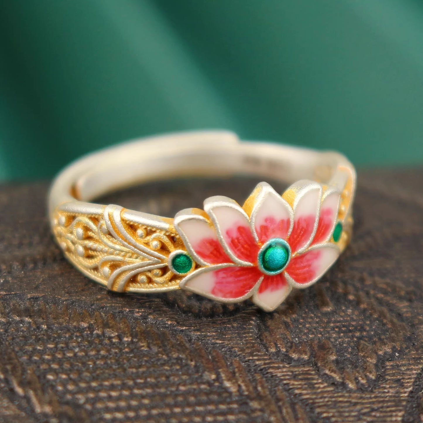 9999 Fine Silver Gold Enamel Lotus Ring – Adjustable Modern Chinese Style Statement Ring for Women