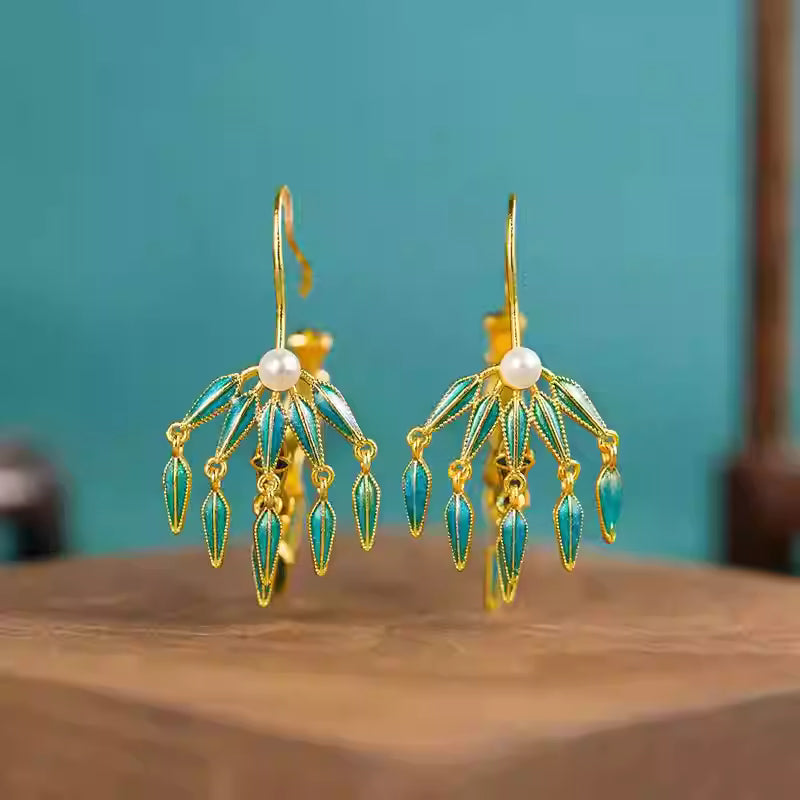 Original Gilded Cloisonné Enamel Tassel Earrings with Pearl and Bamboo Leaf Design