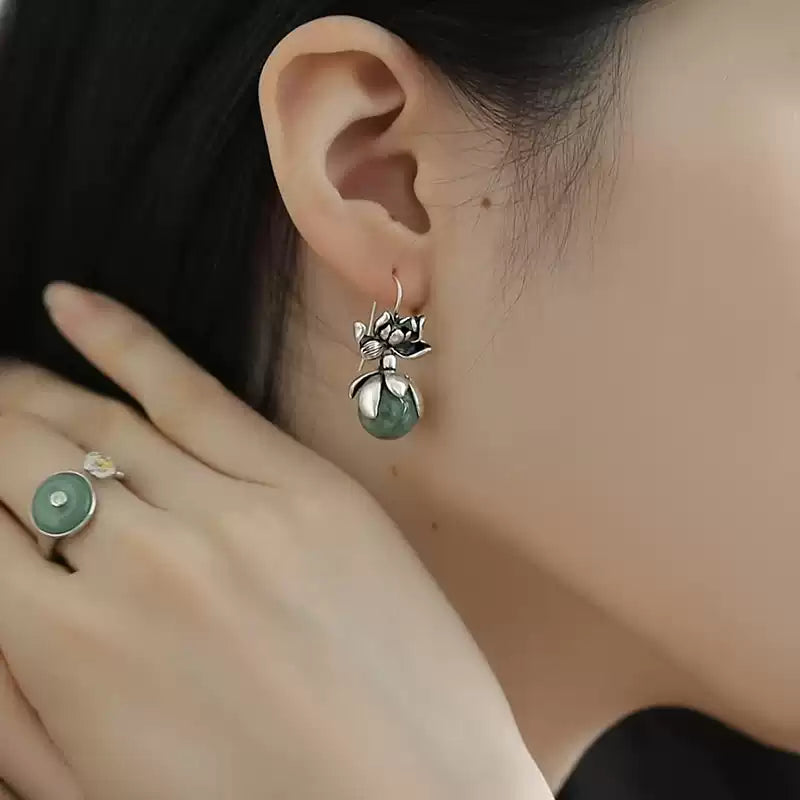 Jade Bead Lotus Drop Earrings – Vintage Chinese Style Elegant Jewelry