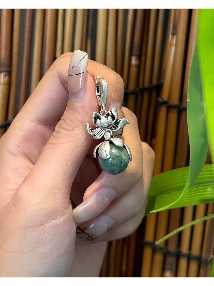 Lotus Pendant Necklace with Jade Bead – Vintage Chinese Style Prosperity Jewelry
