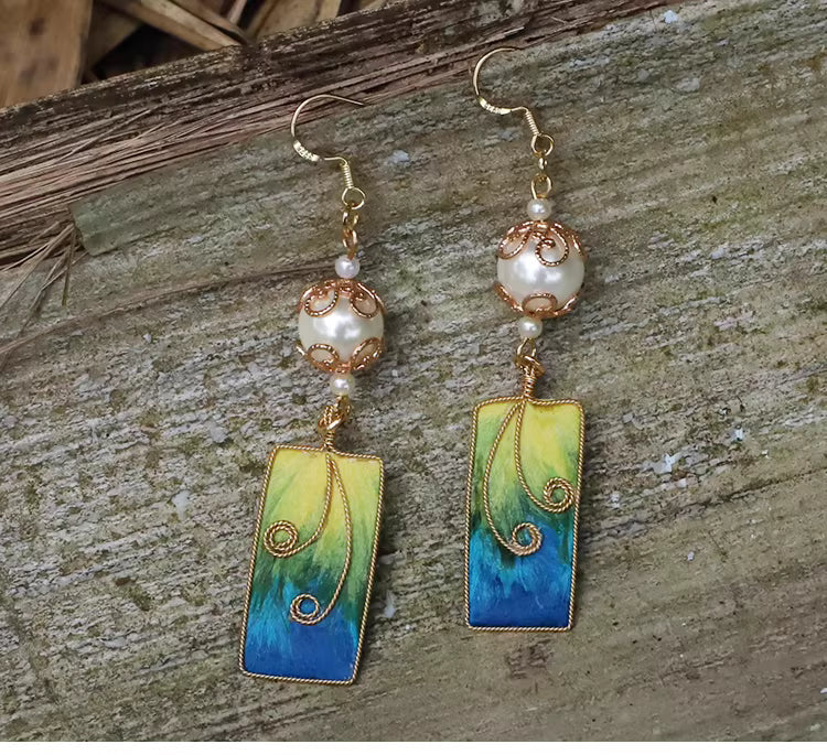 Handcrafted Peacock Blue Velvet Flower Pearl Earrings | Chinese Traditional Hanfu Style, Cloisonné Silk Art