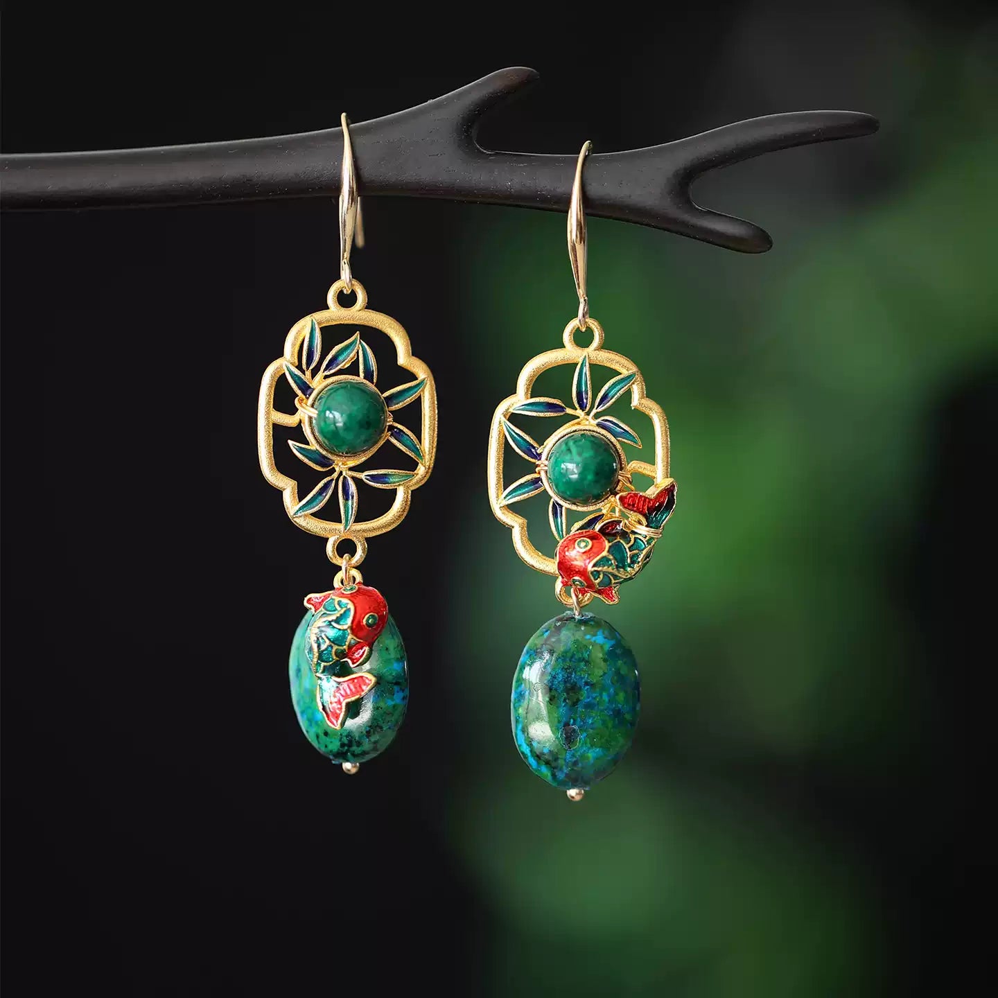 Spring Fish Cloisonné Earrings – New Chinese Style Green Stone Dangle Earrings