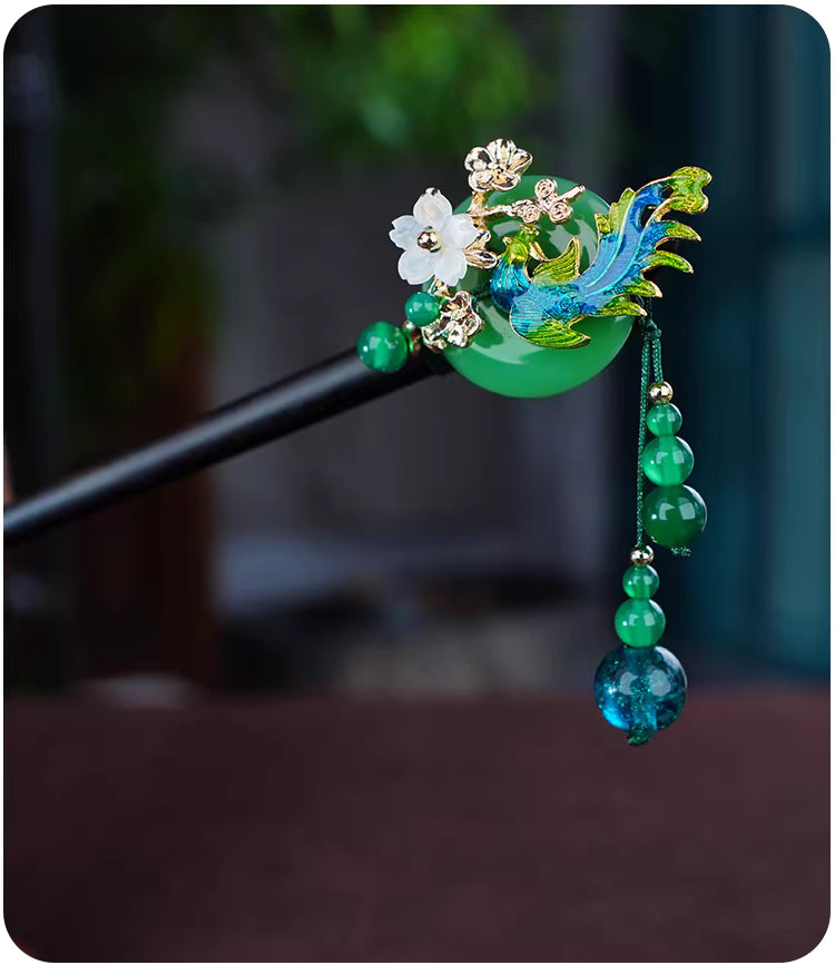 Elegant green and gold hairpin with cloisonné phoenix and stone plum blossom inlay