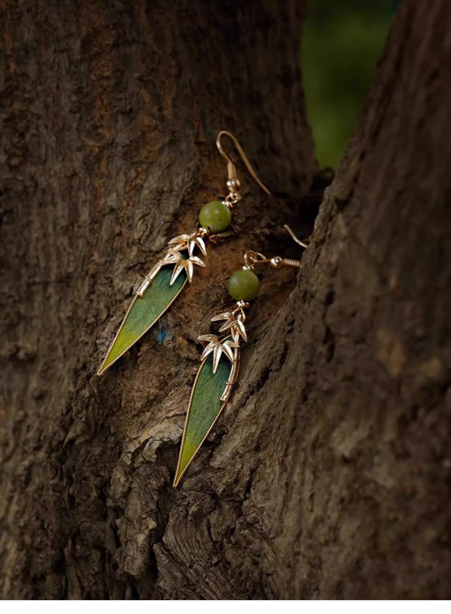 Handmade Intangible Heritage Cloisonné Velvet Bamboo Leaf Earrings with S925 Silver Hooks – New Chinese Style for Women