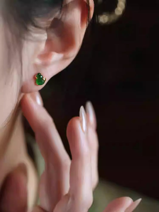 S925 Gold-Plated Silver Jade Gourd Stud Earrings – Natural Green Jade Ear Jewelry for Women, Chinese New Year Gift