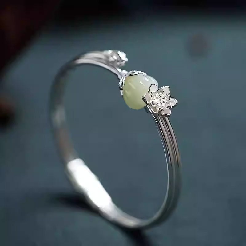 925 Silver Hetian Jade Lotus Seedpod Adjustable Bangle – Chinese Style Hanfu Qipao Bracelet