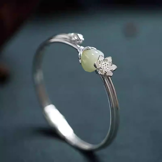 925 Silver Hetian Jade Lotus Seedpod Adjustable Bangle – Chinese Style Hanfu Qipao Bracelet