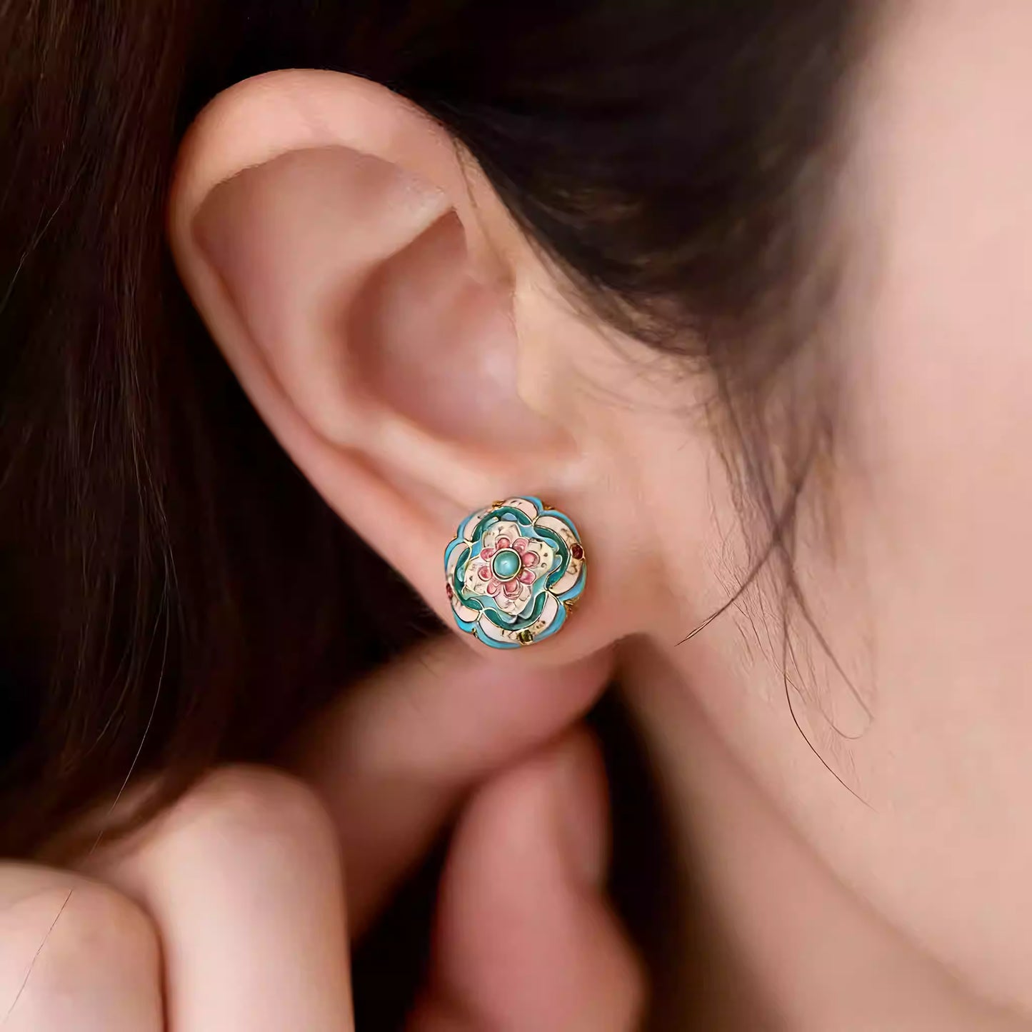 New Chinese Style Enamel Turquoise Stud Earrings – Vintage Guofeng Light Luxury Jewelry
