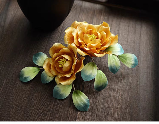 Handmade Yellow Velvet Peony Hair Clip – Traditional Chinese Guofeng Hairpin for Hanfu & Qipao