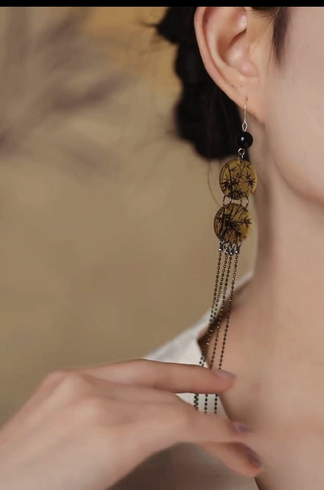 Black and Gold Bamboo Leaf Tassel Earrings – New Chinese Style Guofeng Jewelry