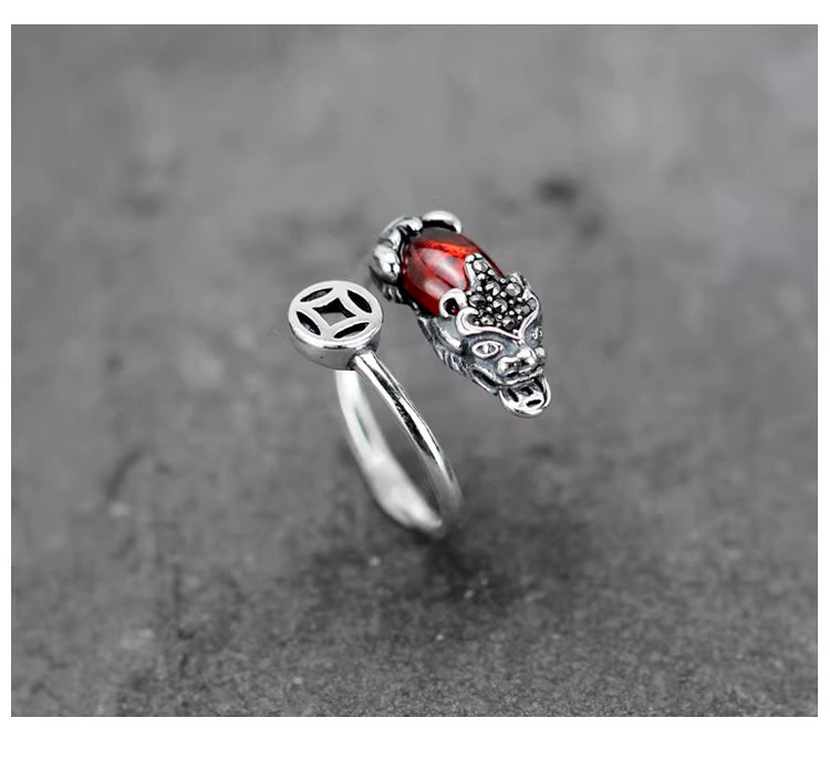 925 Sterling Silver Garnet Pi Xiu Ring –  Lucky Coin Feng Shui Jewelry for Women and Men