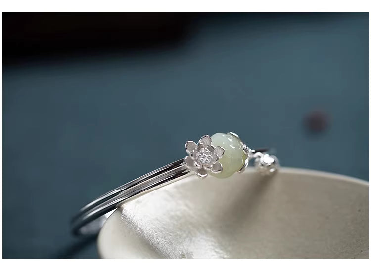 925 Silver Hetian Jade Lotus Seedpod Adjustable Bangle – Chinese Style Hanfu Qipao Bracelet